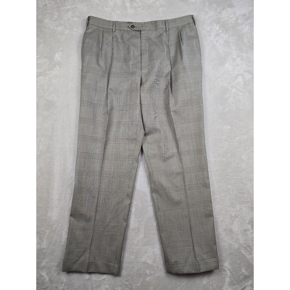 Jos. A. Bank Dress Pants Mens 37x31 Grey Glen Plaid Pleated Cuffed Trousers Read